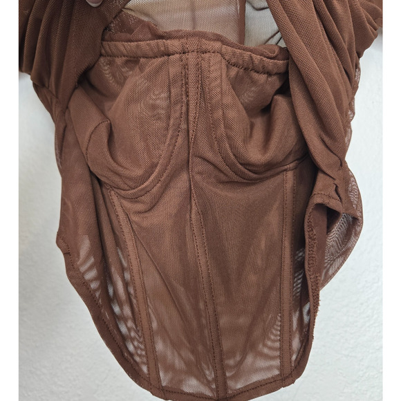 Zara Corset Top Womens Medium Brown Mesh Sheer Cropped Ruched Off Shoulder Y2K - Picture 9 of 12
